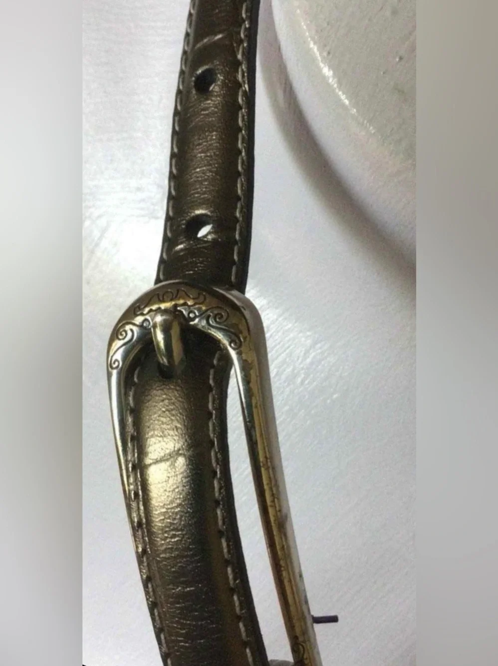 Brighton Women’s Pewter Gray Silver Metallic Leather Thin Belt Sz 30 W26-W30 S M